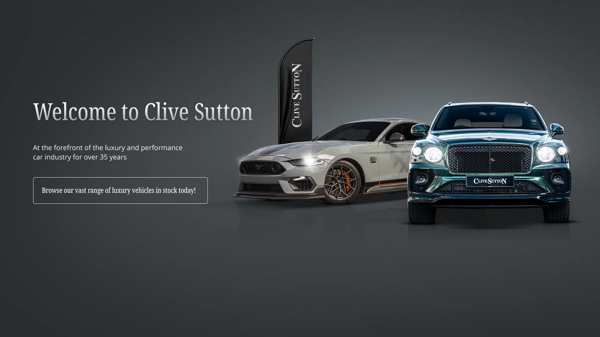 A white Ford Mustang and a green Bentley Bentayga on a grey studio background under the Clive Sutton welcome banner