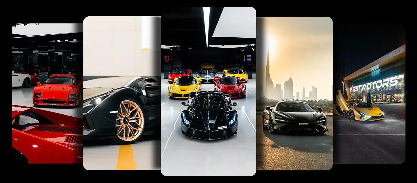 Fünf Bildfelder zu F1rst Motors: Sportwagen in der Halle, ein Lamborghini auf bronzefarbenen Rädern, eine Reihe Ferrari und ein LaFerrari im Showroom, ein McLaren vor der Skyline von Dubai und das beleuchtete Gebäude von F1rst Motors in der Dämmerung
