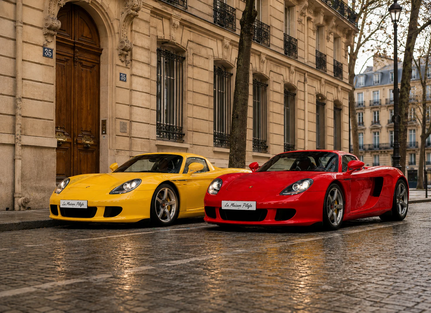 A yellow and a red Porsche Carrera GT parked side by side on a cobbled Paris street lined with Haussmann buildings