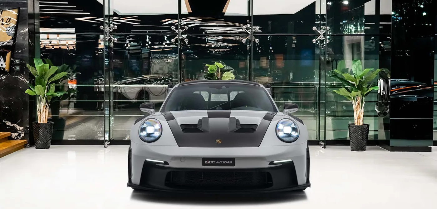 2024 Porsche 911 GT3 RS Weissach package offered by a specialist dealer in Dubai, United Arab Emirates, exterior view 3