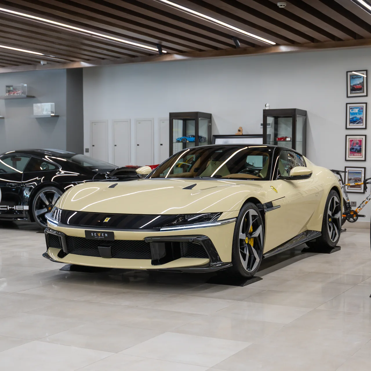 Ferrari 12Cilindri in Avorio, front three-quarter view in the SEVEN Car Lounge showroom in Riyadh