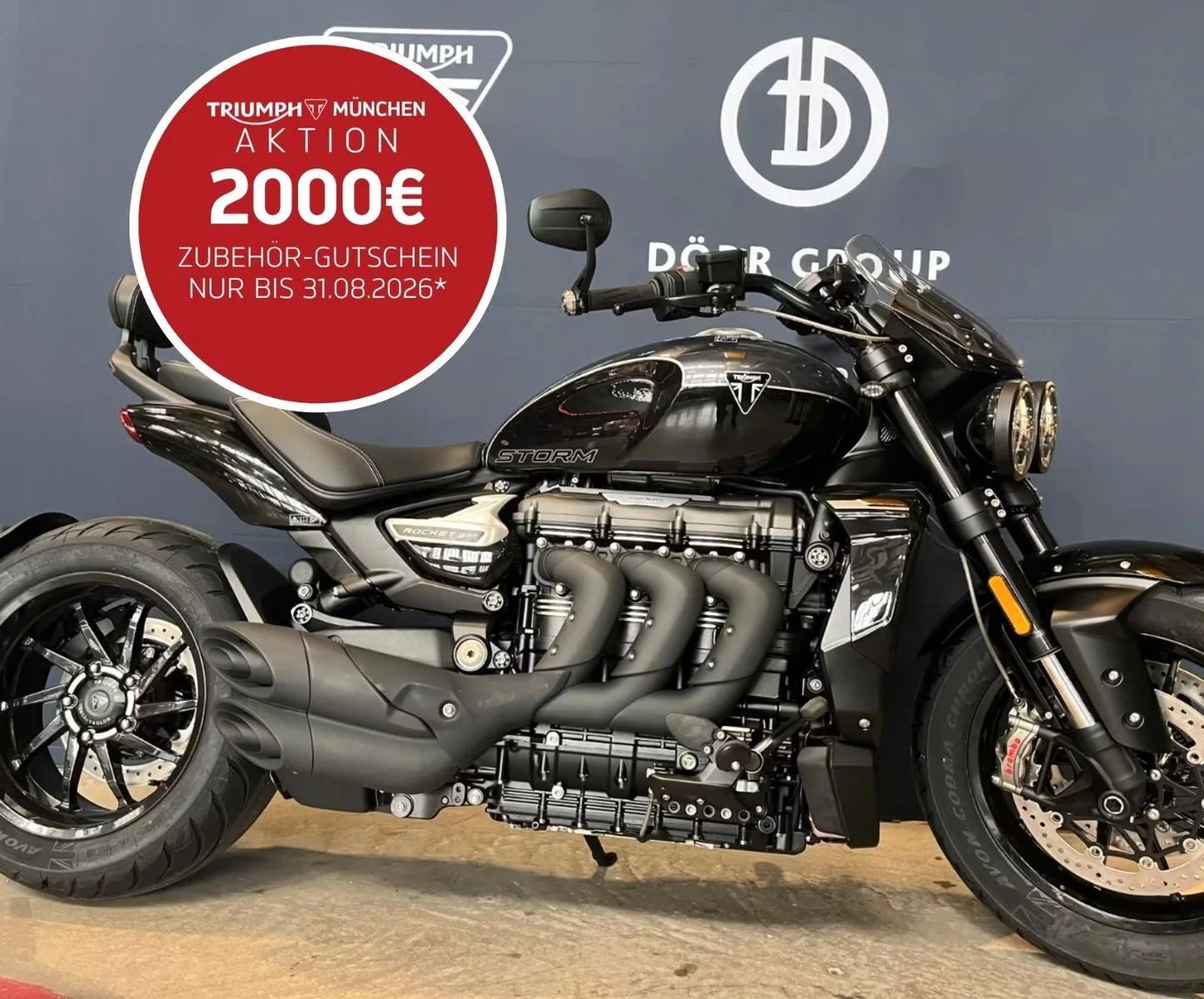 Triumph Rocket 3 Storm GT proposée par un concessionnaire agréé à Munich, Allemagne, photo principale